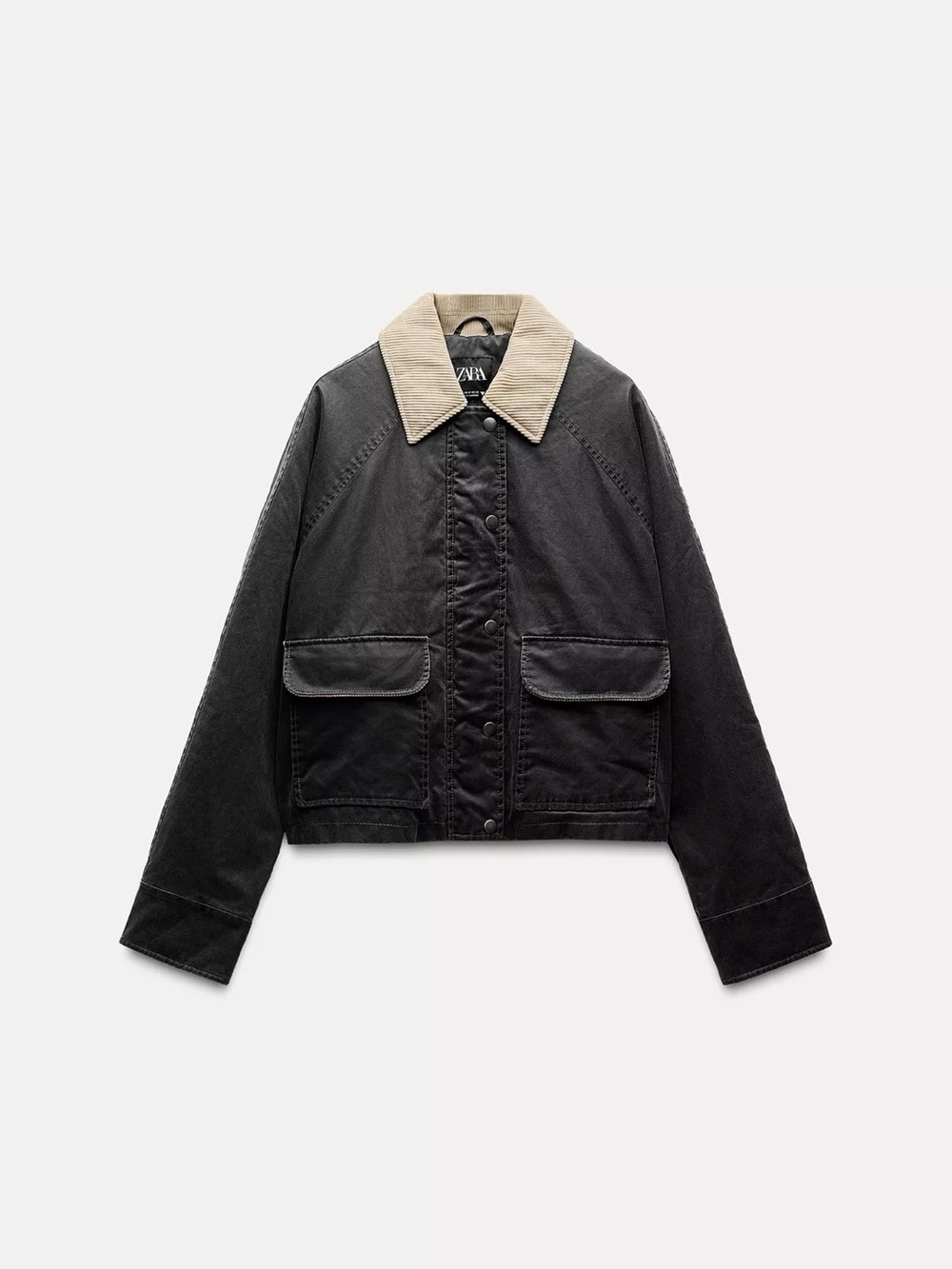 Zara Waxed Grey Jacket with Contrast Cream Corduroy Collar and Cuffs Small